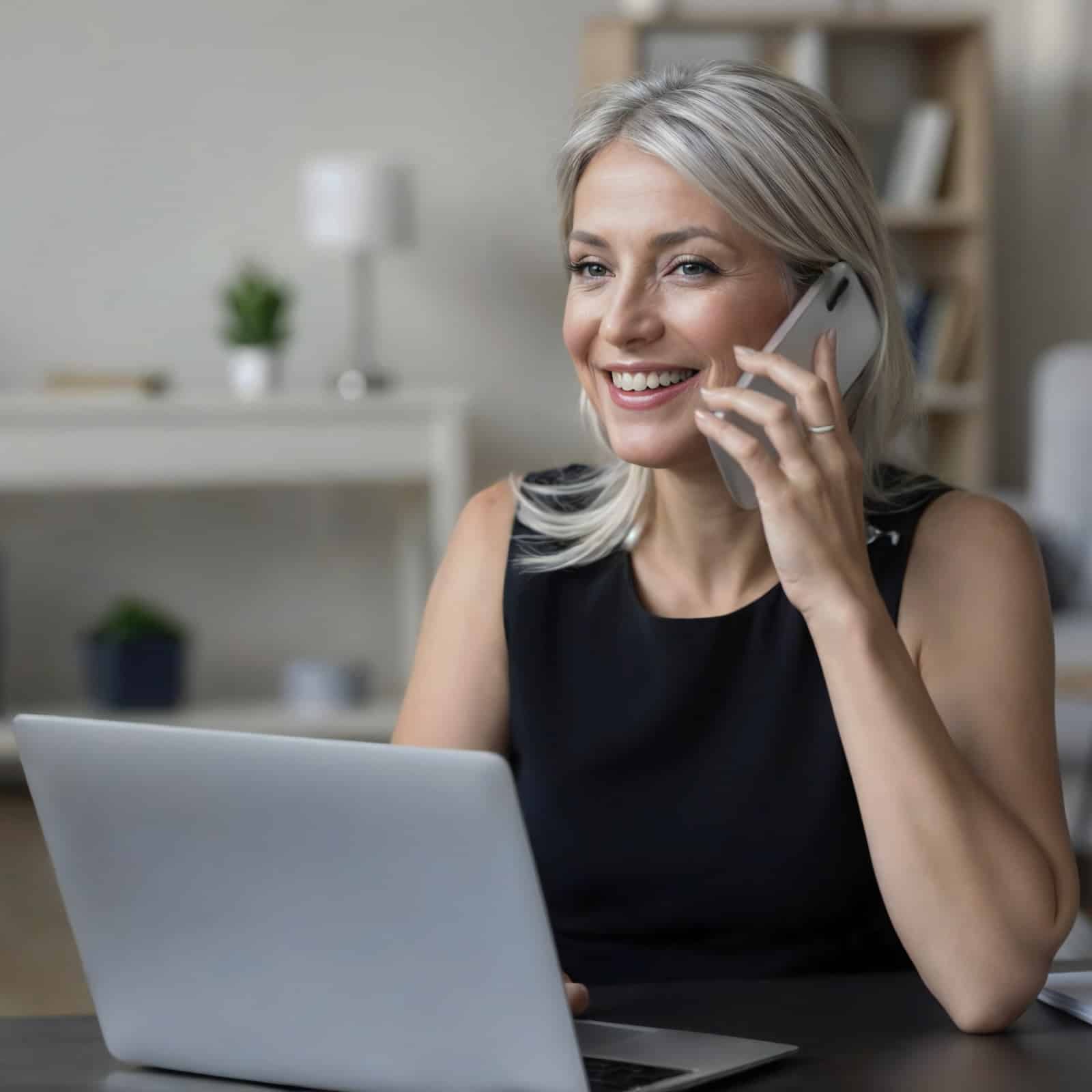 Cheerful happy middle aged entrepreneur woman talking on cellphone at table with laptop, using wireless online connection technology for work from home, smiling, enjoying mobile phone conversation